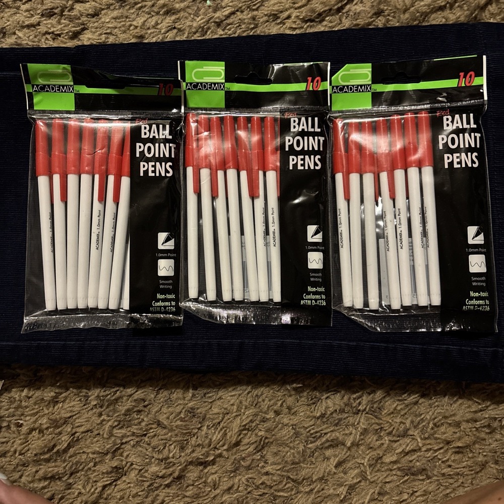 Lot of 3 Packages Academix 1.0mm Red Ball Point Pens 30 Total Pens Teacher Grade